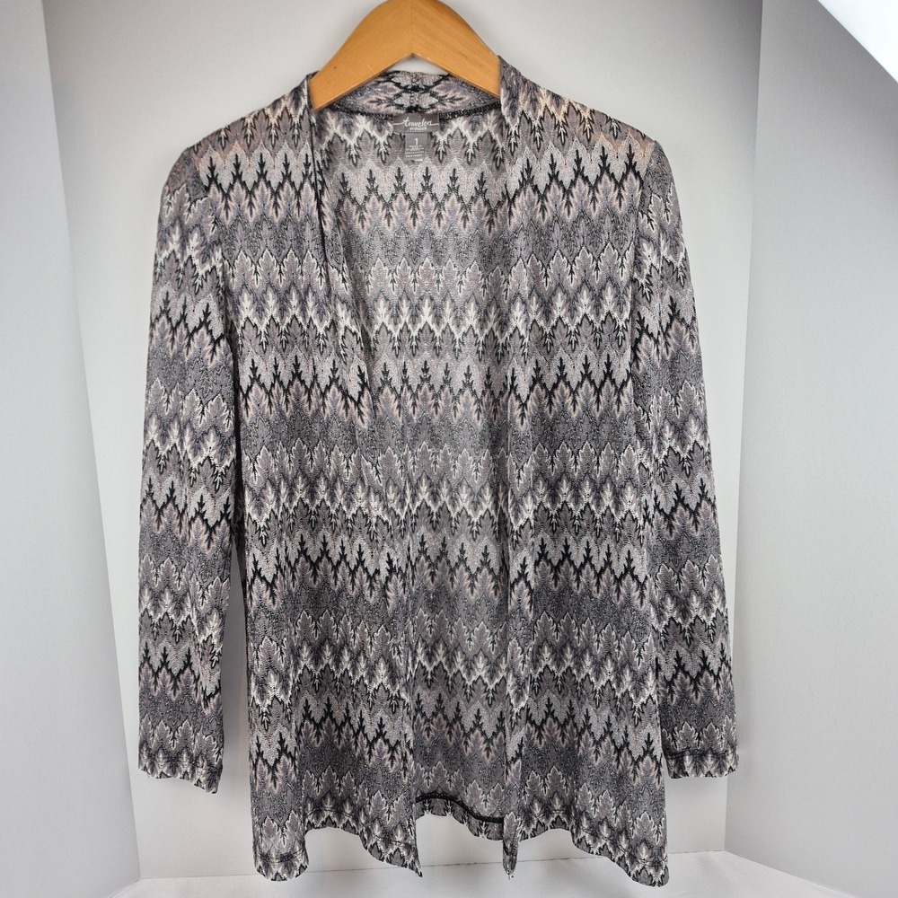 Travelers by Chico's Geometric Print Open Front Cardigan Sweater 1 M Gray Black
